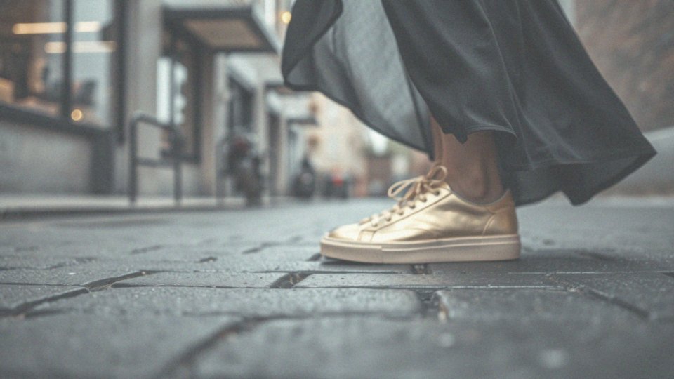 Co wyróżnia złote sneakersy w stylizacji z czarną sukienką?